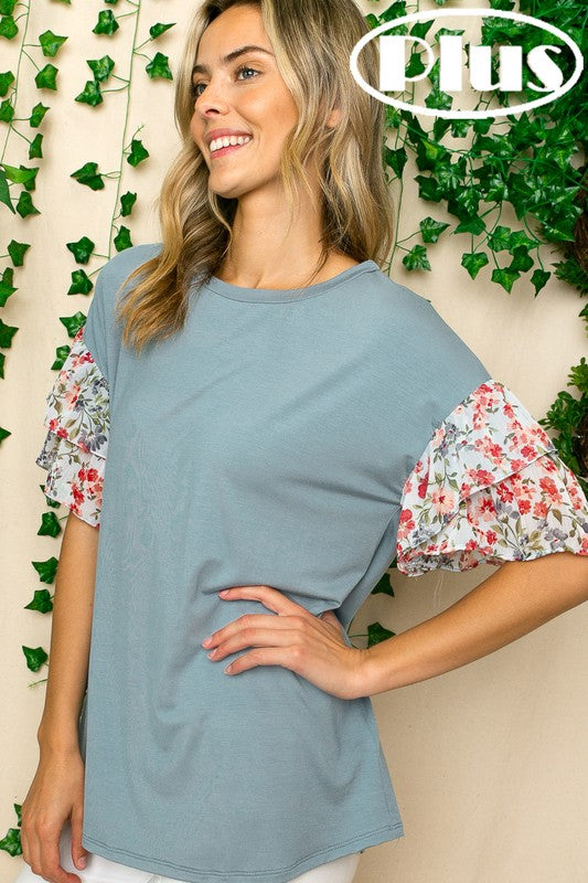 Floral Tiered Ruffle Sleeve Top-Plus