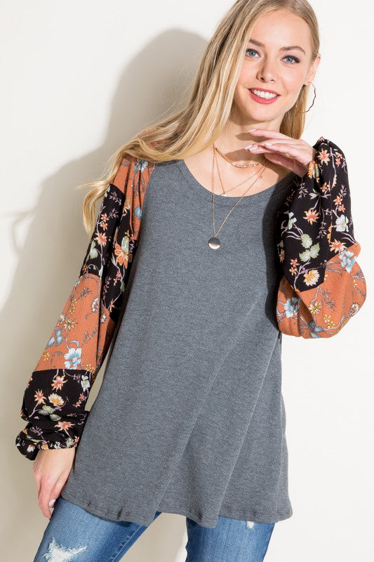 Floral Mixed Puff Long Sleeve Top