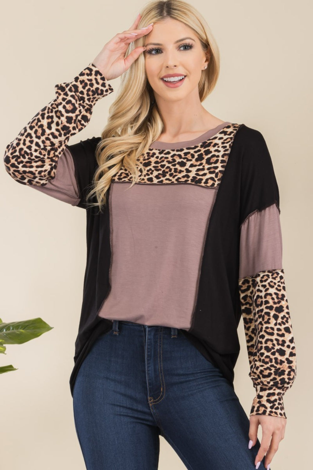 Celeste Leopard Color Block Exposed Seam T-Shirt