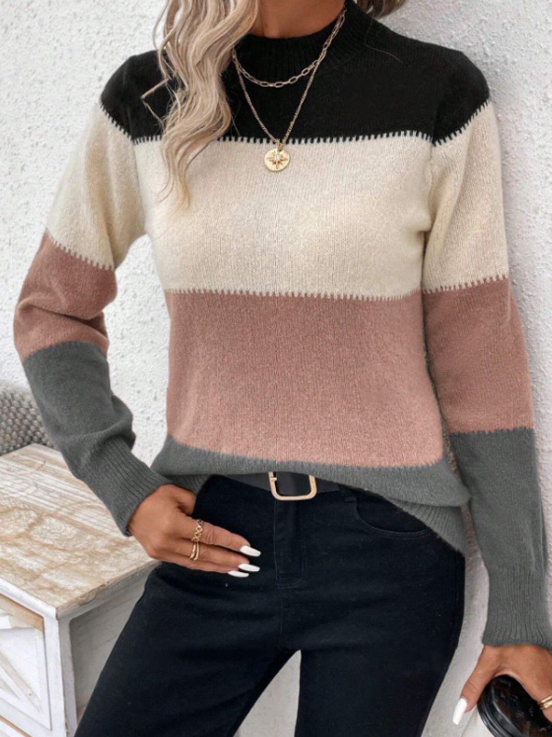 Color Block Mock Neck Sweater