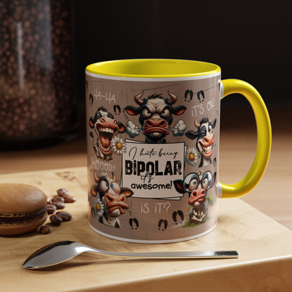 Bipolar Cow Funny Accent Coffee Mug — Humorous Mood-Flip Cow (11oz)