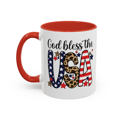 God Bless the USA Accent Coffee Mug – Patriotic Stars & Leopard 11/15oz