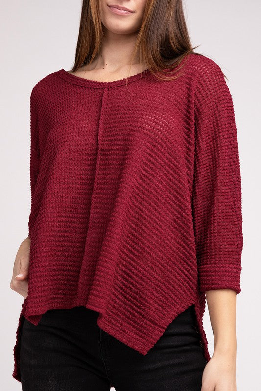 3/4 Sleeve V-Neck Hi-Low Hem Jacquard Sweater