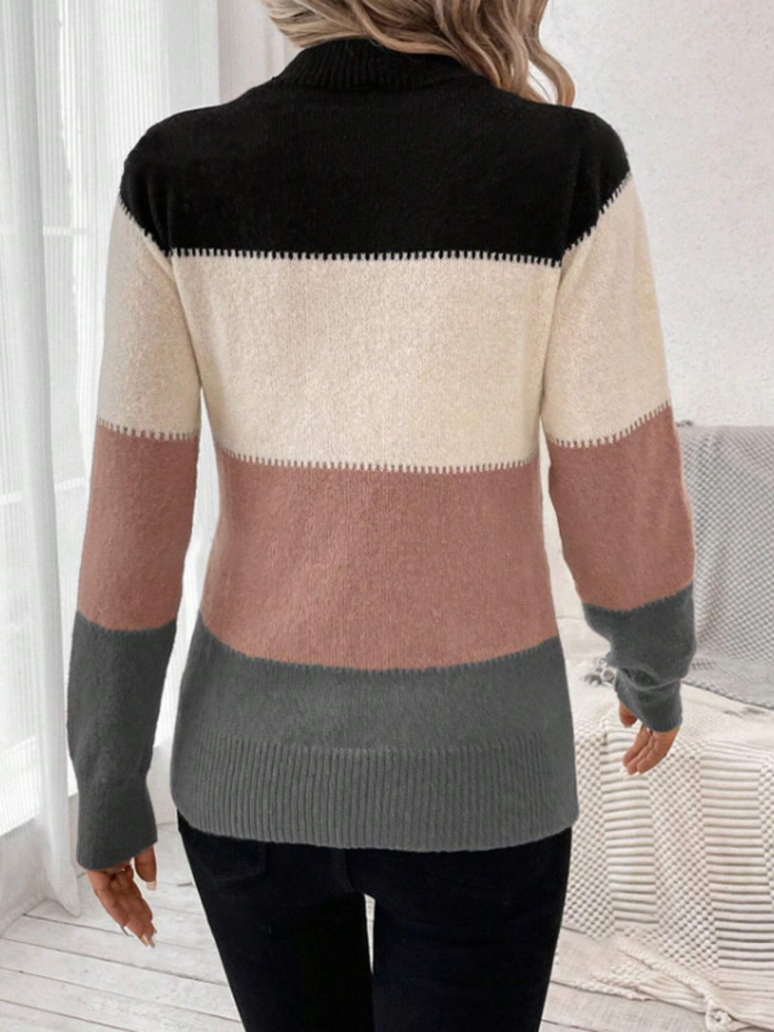 Color Block Mock Neck Sweater