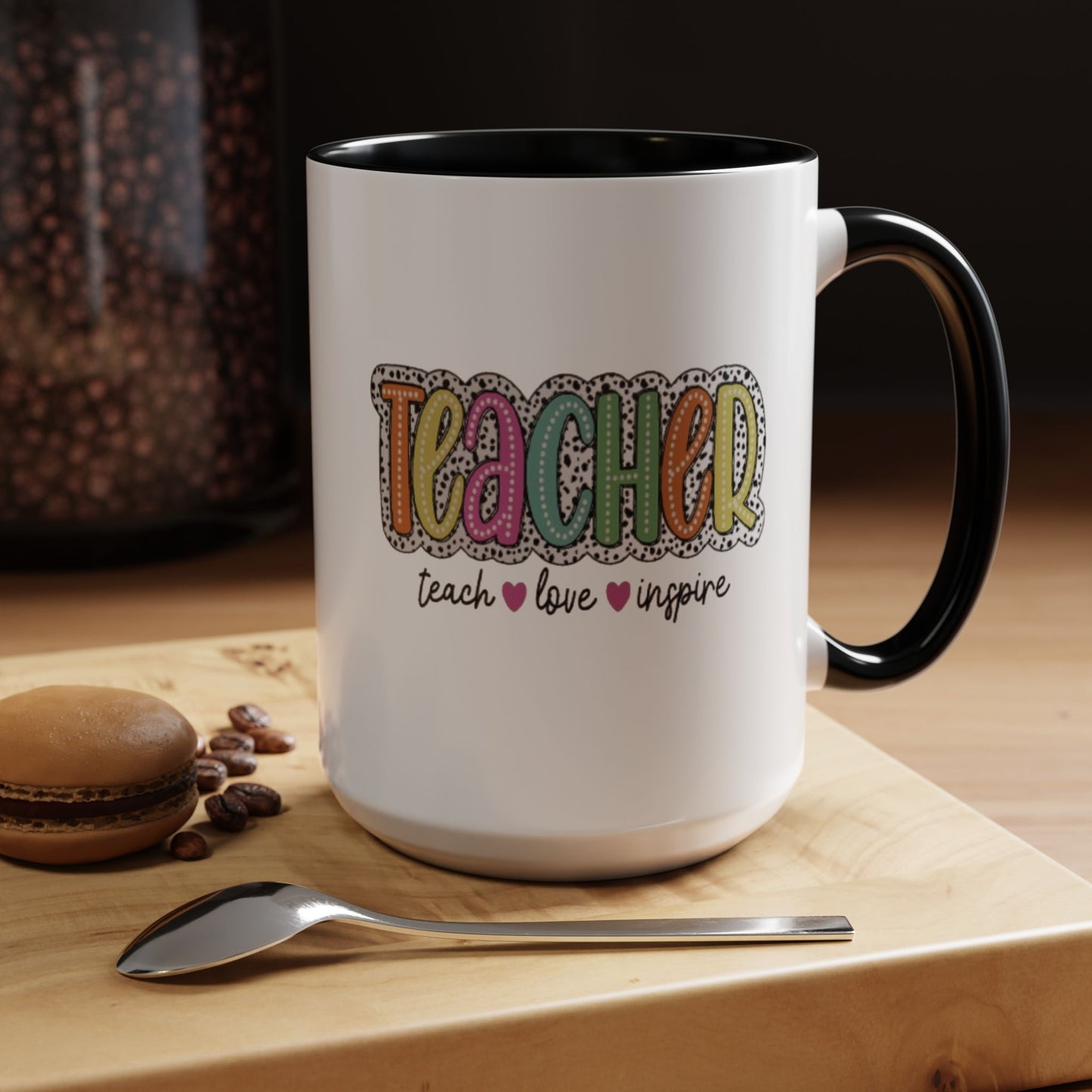 Teacher Coffee Mug - "Teacher" Colorful Doodle Design, Teach • Love • Inspire Accent Mug (11oz/15oz)