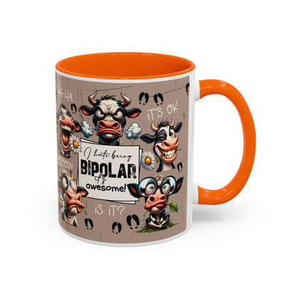 Bipolar Cow Funny Accent Coffee Mug — Humorous Mood-Flip Cow (11oz)