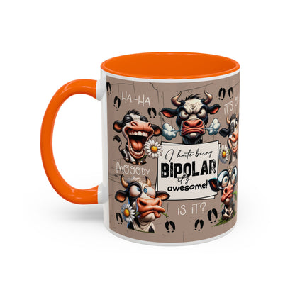 Bipolar Cow Funny Accent Coffee Mug — Humorous Mood-Flip Cow (11oz)
