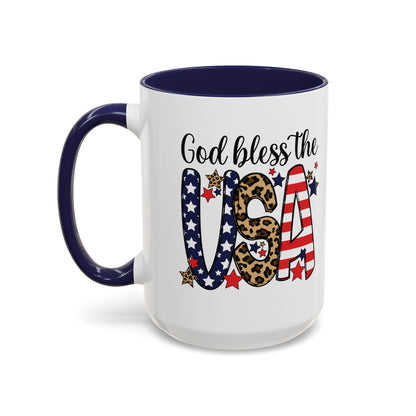 God Bless the USA Accent Coffee Mug – Patriotic Stars & Leopard 11/15oz