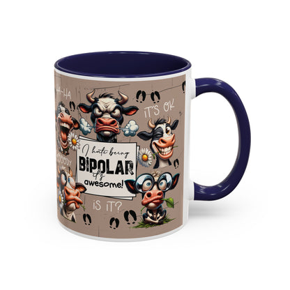 Bipolar Cow Funny Accent Coffee Mug — Humorous Mood-Flip Cow (11oz)