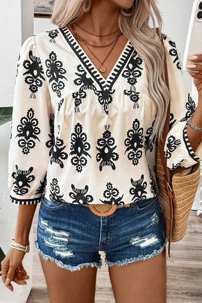 Boho Printed V-Neck Blouse