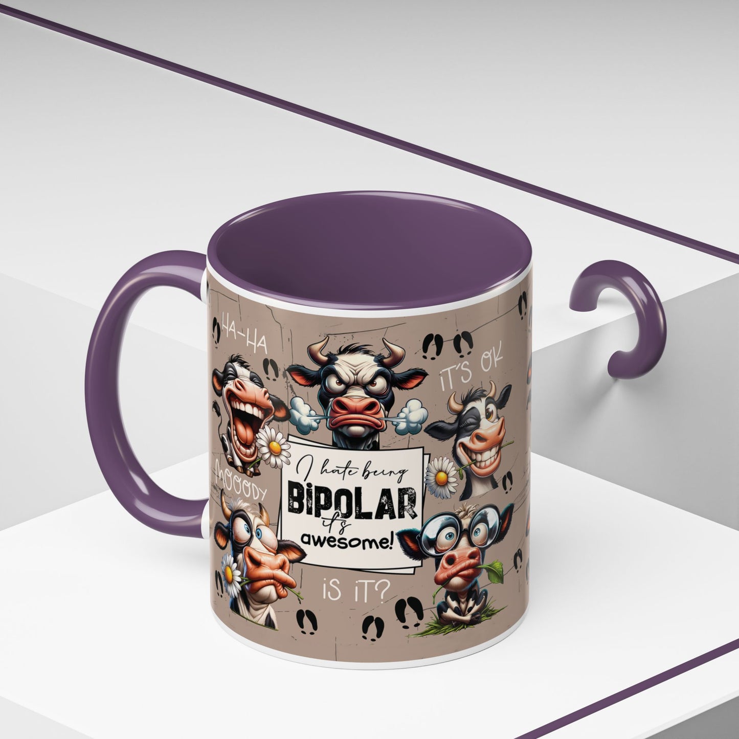 Bipolar Cow Funny Accent Coffee Mug — Humorous Mood-Flip Cow (11oz)