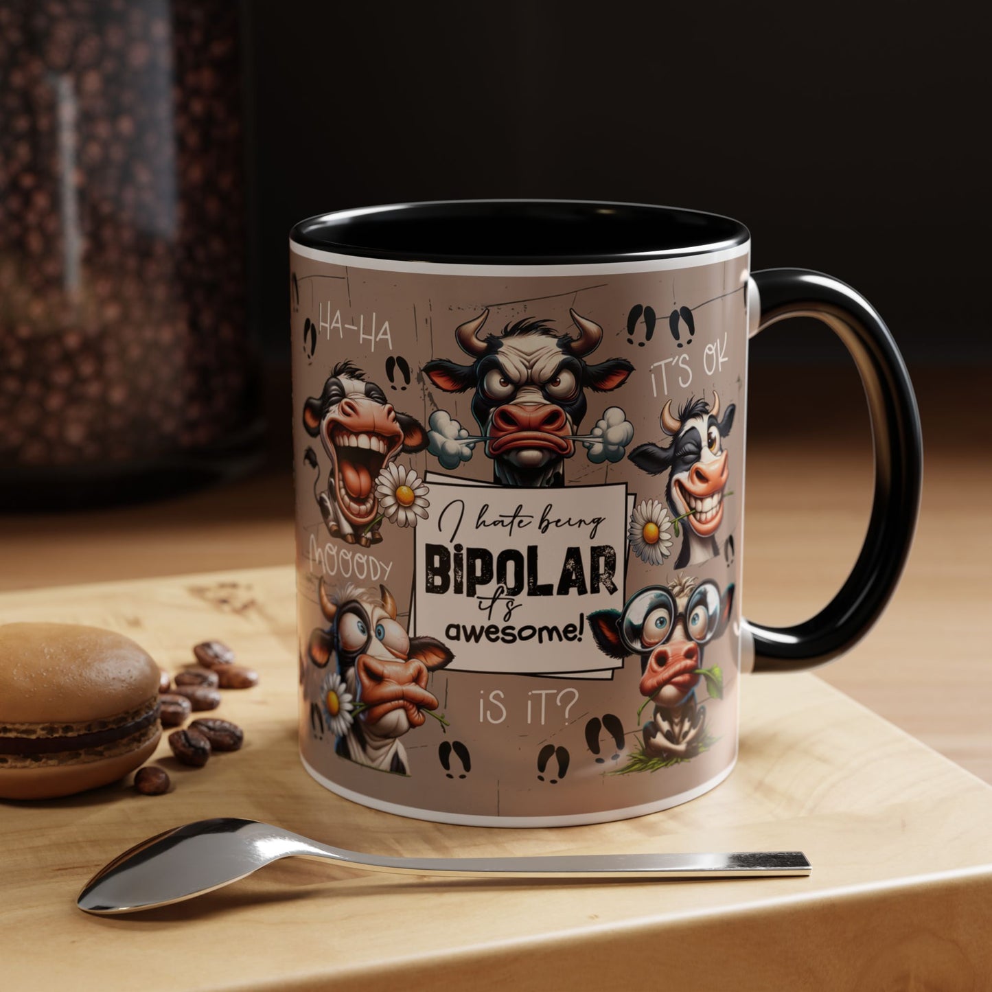 Bipolar Cow Funny Accent Coffee Mug — Humorous Mood-Flip Cow (11oz)