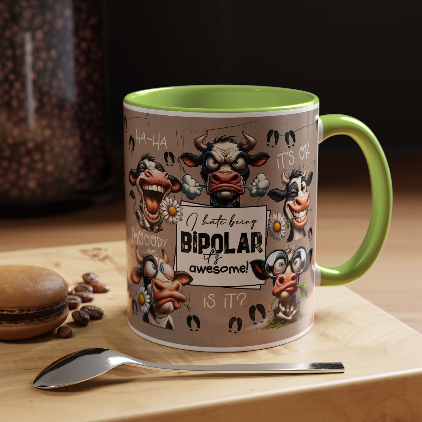 Bipolar Cow Funny Accent Coffee Mug — Humorous Mood-Flip Cow (11oz)