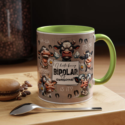 Bipolar Cow Funny Accent Coffee Mug — Humorous Mood-Flip Cow (11oz)