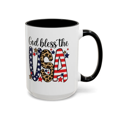 God Bless the USA Accent Coffee Mug – Patriotic Stars & Leopard 11/15oz