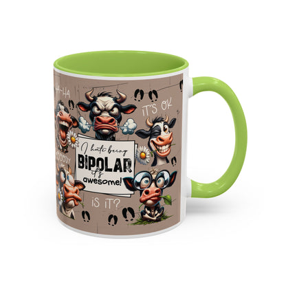 Bipolar Cow Funny Accent Coffee Mug — Humorous Mood-Flip Cow (11oz)