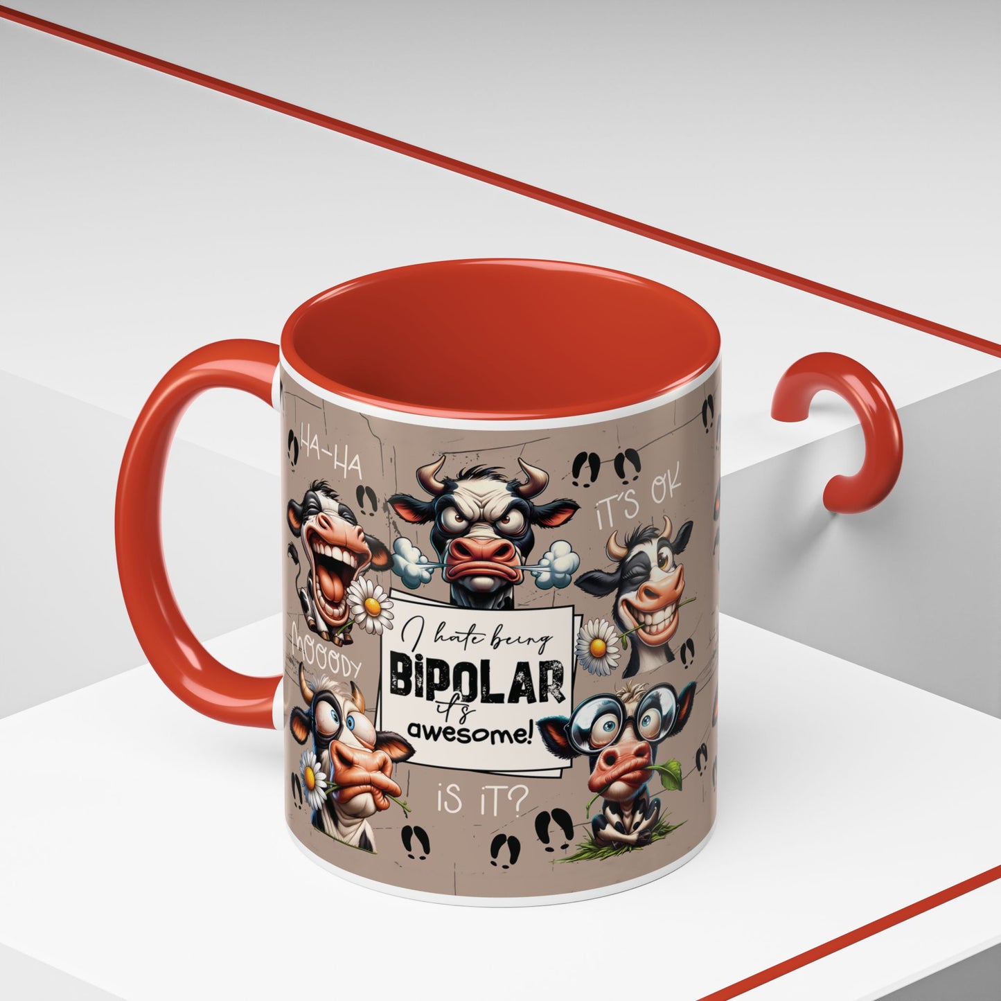 Bipolar Cow Funny Accent Coffee Mug — Humorous Mood-Flip Cow (11oz)