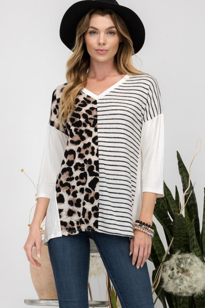 Celeste Leopard and Striped Print V-Neck Tee