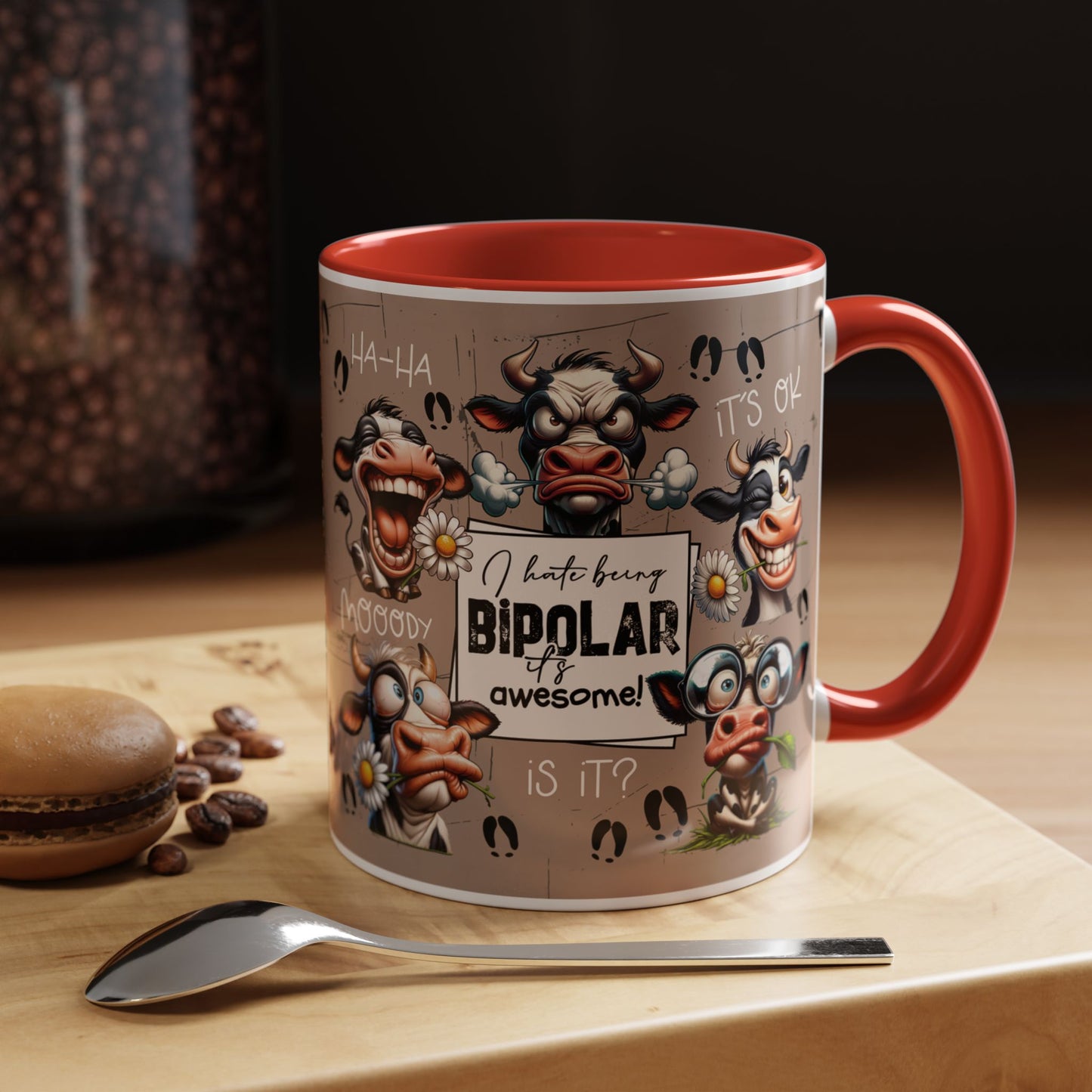 Bipolar Cow Funny Accent Coffee Mug — Humorous Mood-Flip Cow (11oz)