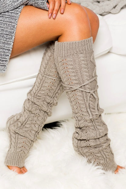 Cable Knit Long Tie Leg Warmers