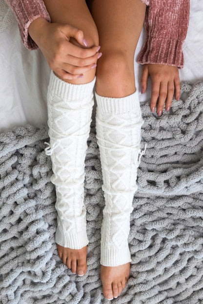 Cable Knit Long Tie Leg Warmers