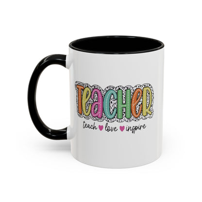 Teacher Coffee Mug - "Teacher" Colorful Doodle Design, Teach • Love • Inspire Accent Mug (11oz/15oz)