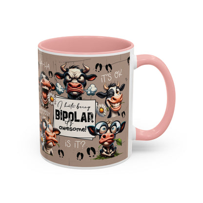 Bipolar Cow Funny Accent Coffee Mug — Humorous Mood-Flip Cow (11oz)