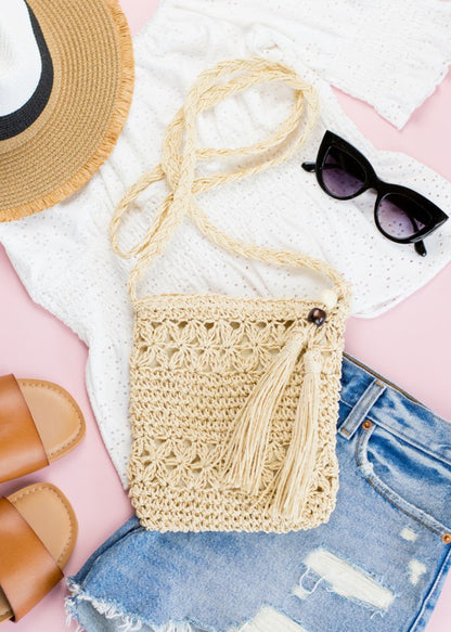 Woven Straw Tassel Accent Crossbody Bag