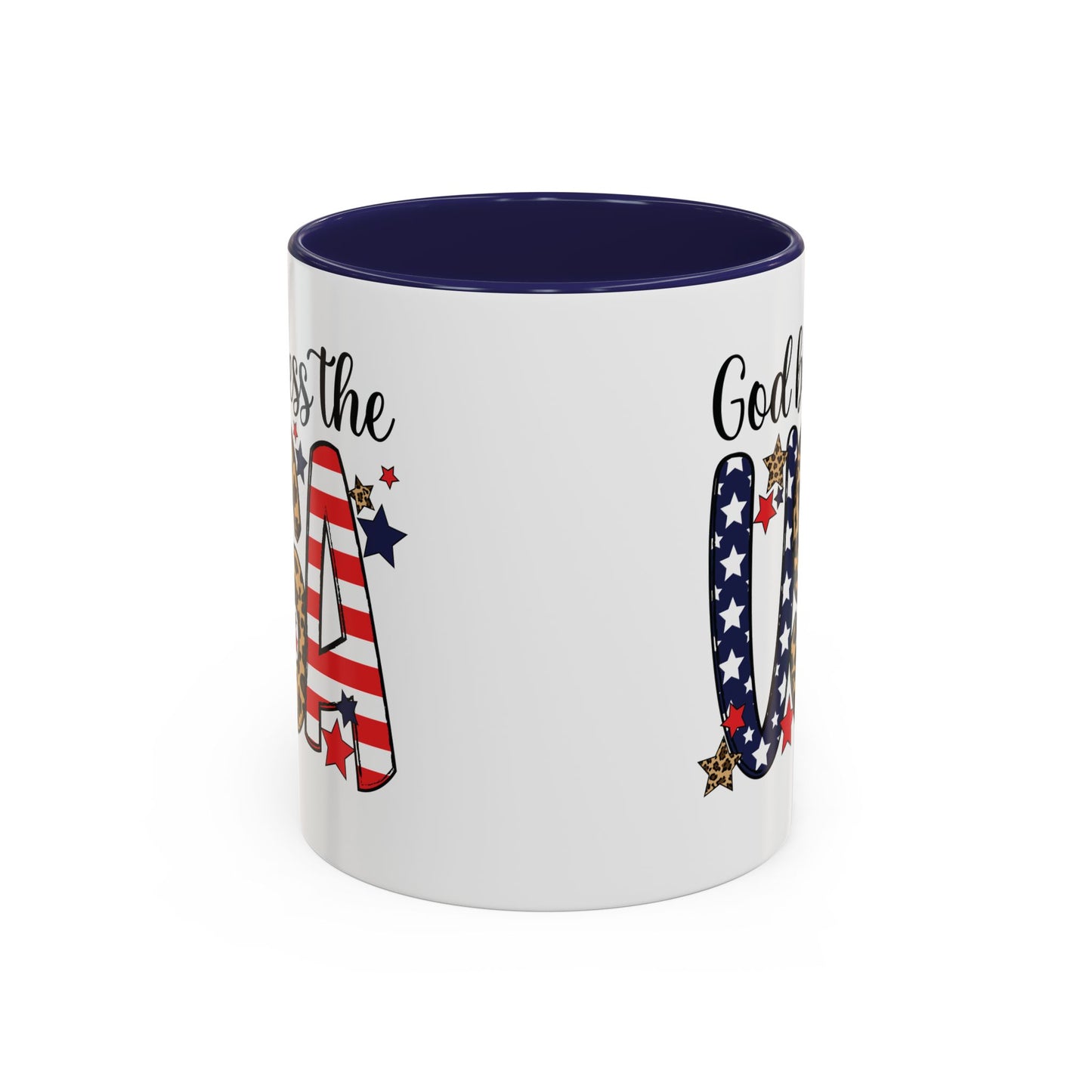 God Bless the USA Accent Coffee Mug – Patriotic Stars & Leopard 11/15oz