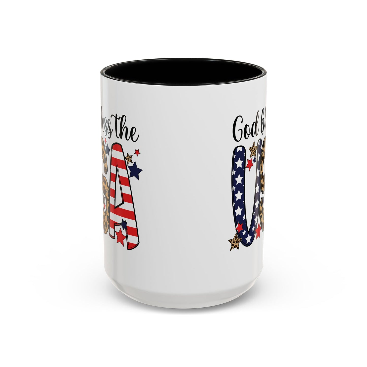 God Bless the USA Accent Coffee Mug – Patriotic Stars & Leopard 11/15oz