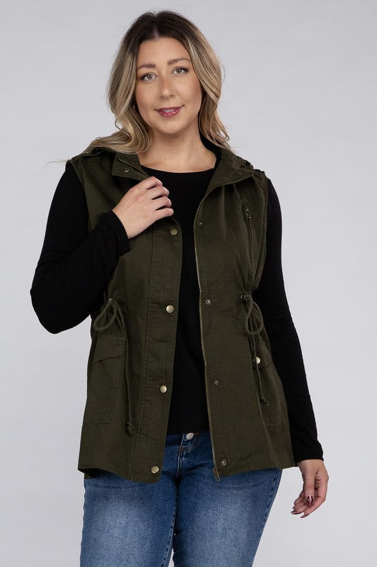 Drawstring Waist Military Hoodie Vest-Plus