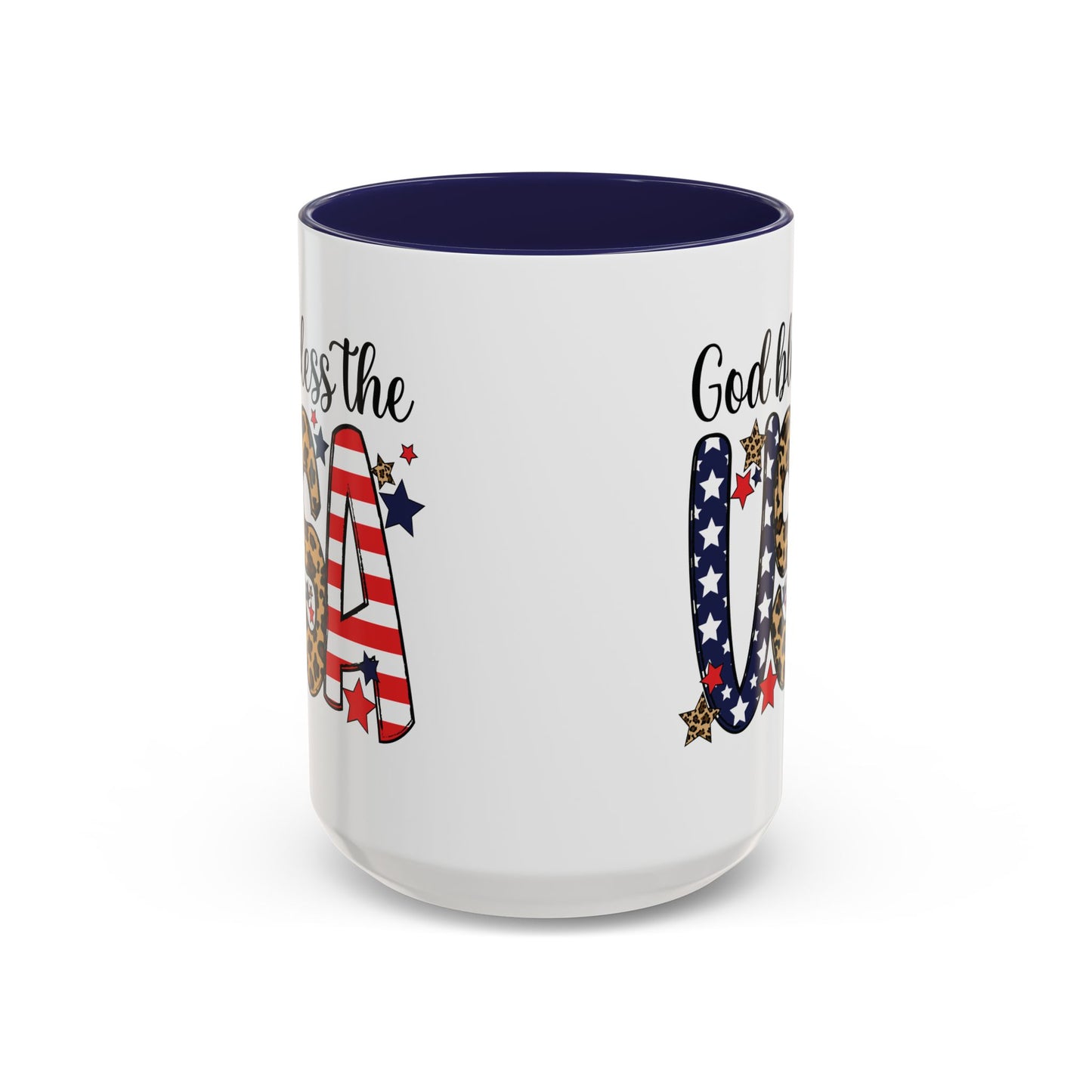 God Bless the USA Accent Coffee Mug – Patriotic Stars & Leopard 11/15oz