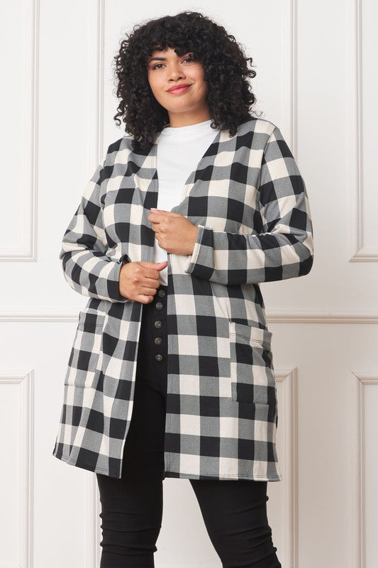 Long Buffalo Plaid Open Cardigan-Plus
