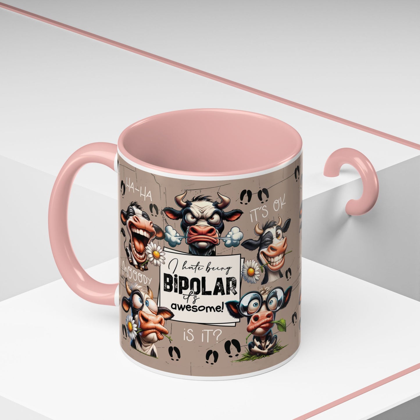 Bipolar Cow Funny Accent Coffee Mug — Humorous Mood-Flip Cow (11oz)