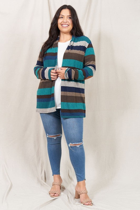 Stripe Elbow Patch Cardigan-Plus