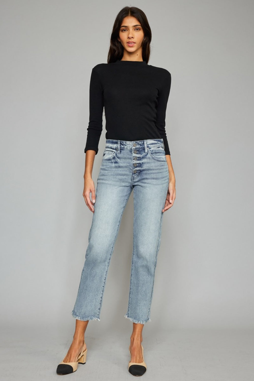 KanCan High Waist Button Fly Raw Hem Cropped Straight Jeans