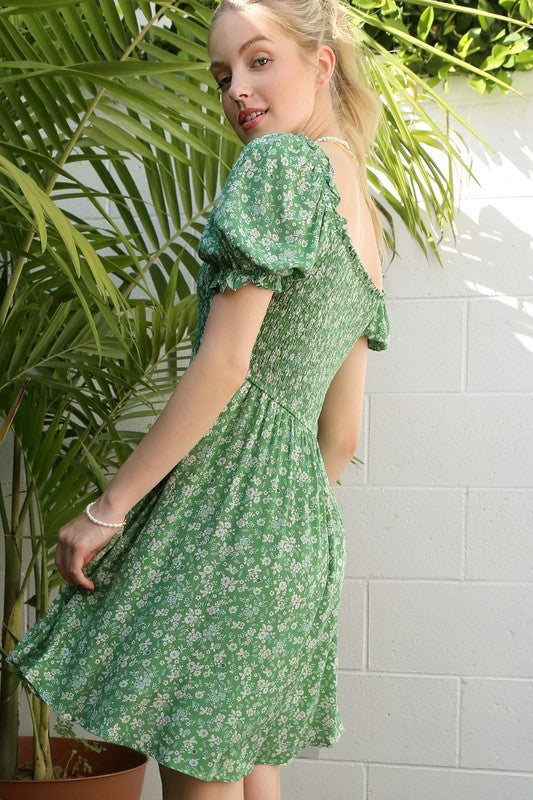 Green Floral Puff Sleeve Dress