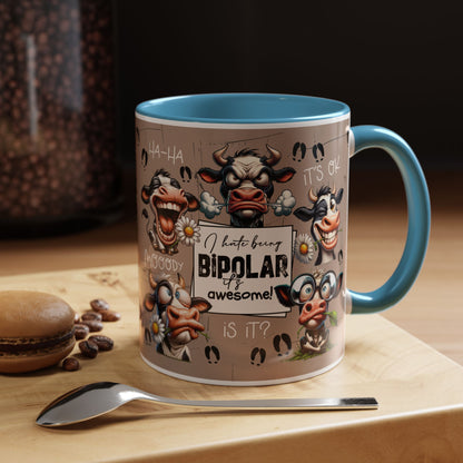 Bipolar Cow Funny Accent Coffee Mug — Humorous Mood-Flip Cow (11oz)
