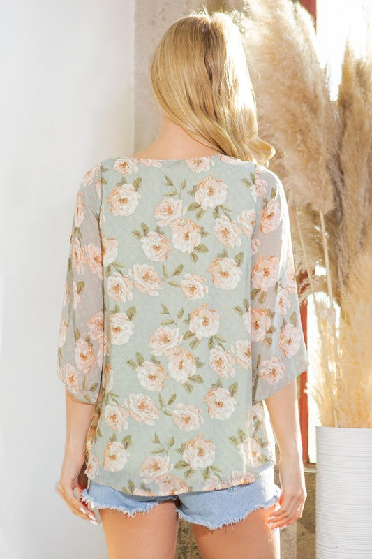 Swiss Dot Floral Print Split Sleeve Blouse