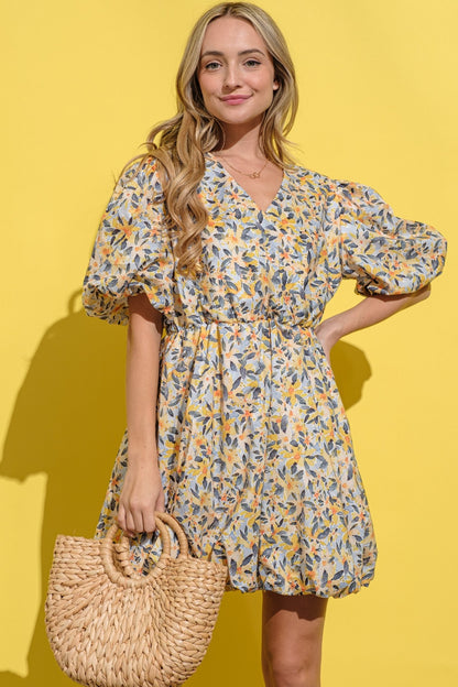 And The Why Floral Surplice Puff Sleeve Dress