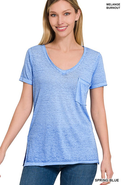 Washed Melange Burnout Scoop V-Neck Top