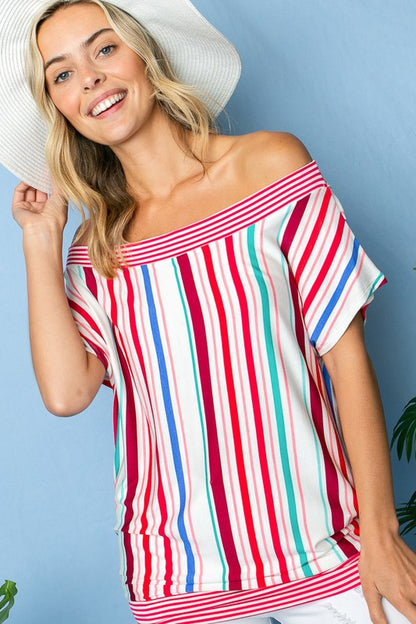 Multi Stripe Off Shoulder Top-Plus