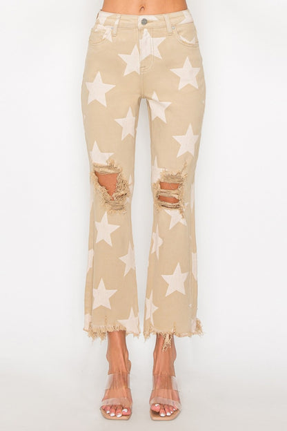 RISEN High Rise Star Printed Frayed Hem Jeans