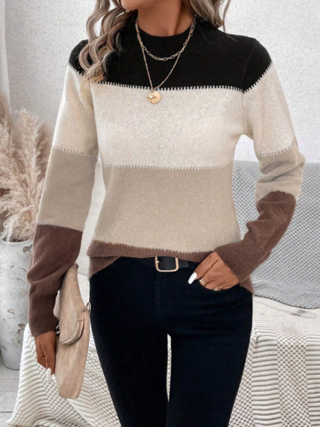 Color Block Mock Neck Sweater