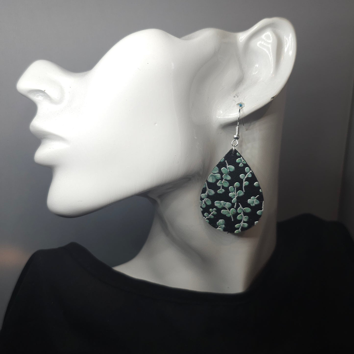 Sea Green Eucalyptus on Black Leather Earrings