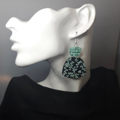 Sea Green Eucalyptus on Black Leather Earrings