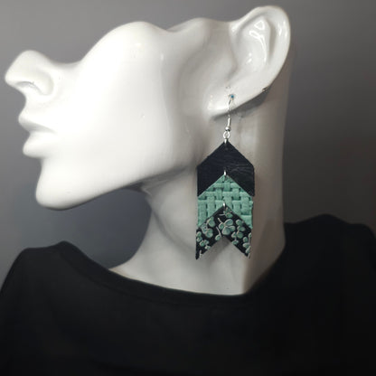 Sea Green Eucalyptus on Black Leather Earrings