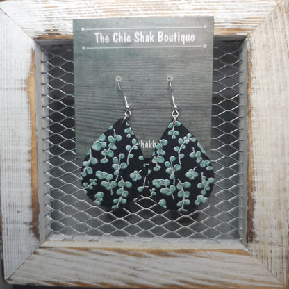 Sea Green Eucalyptus on Black Leather Earrings