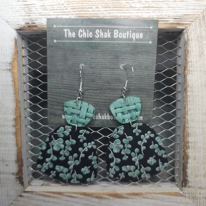 Sea Green Eucalyptus on Black Leather Earrings