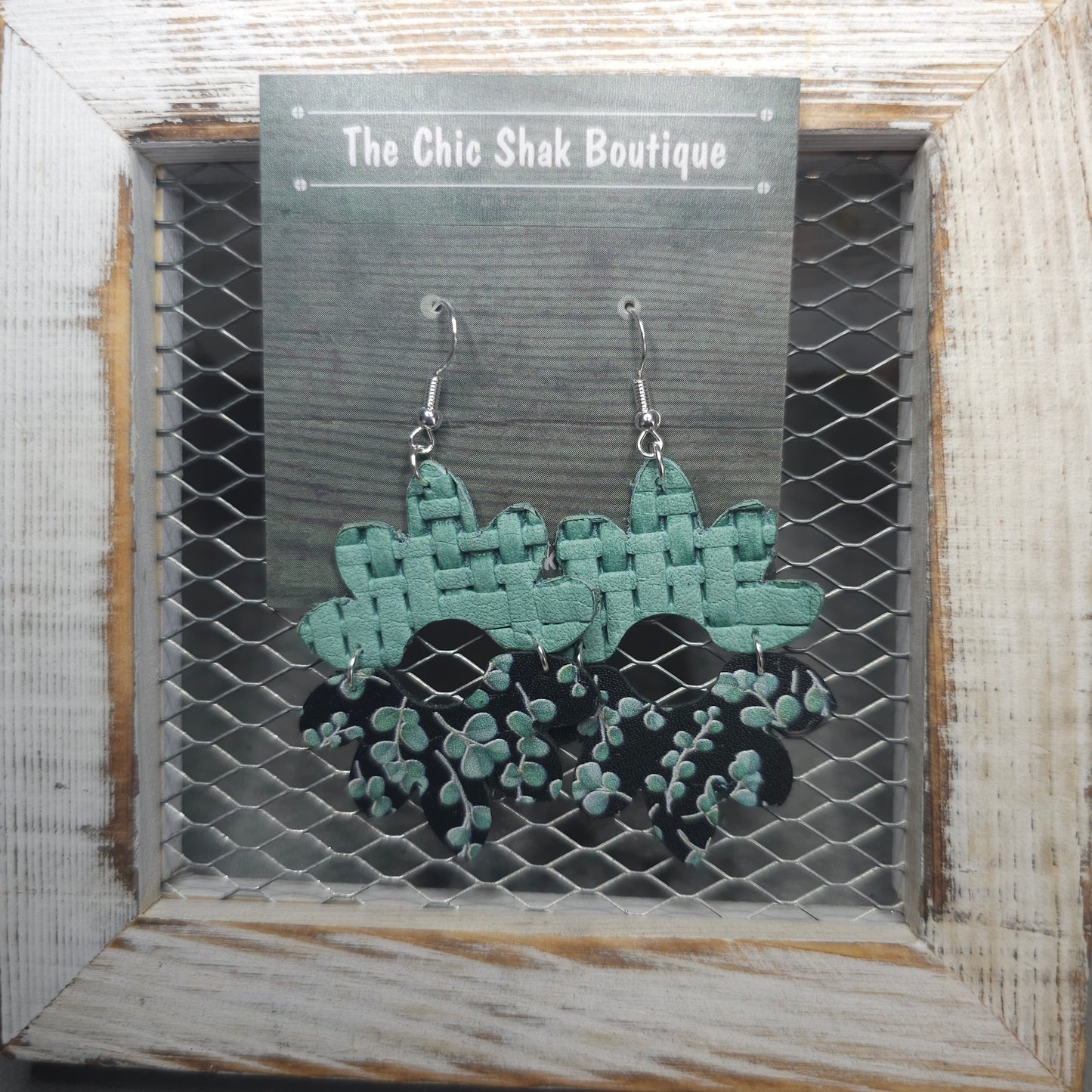 Sea Green Eucalyptus on Black Leather Earrings